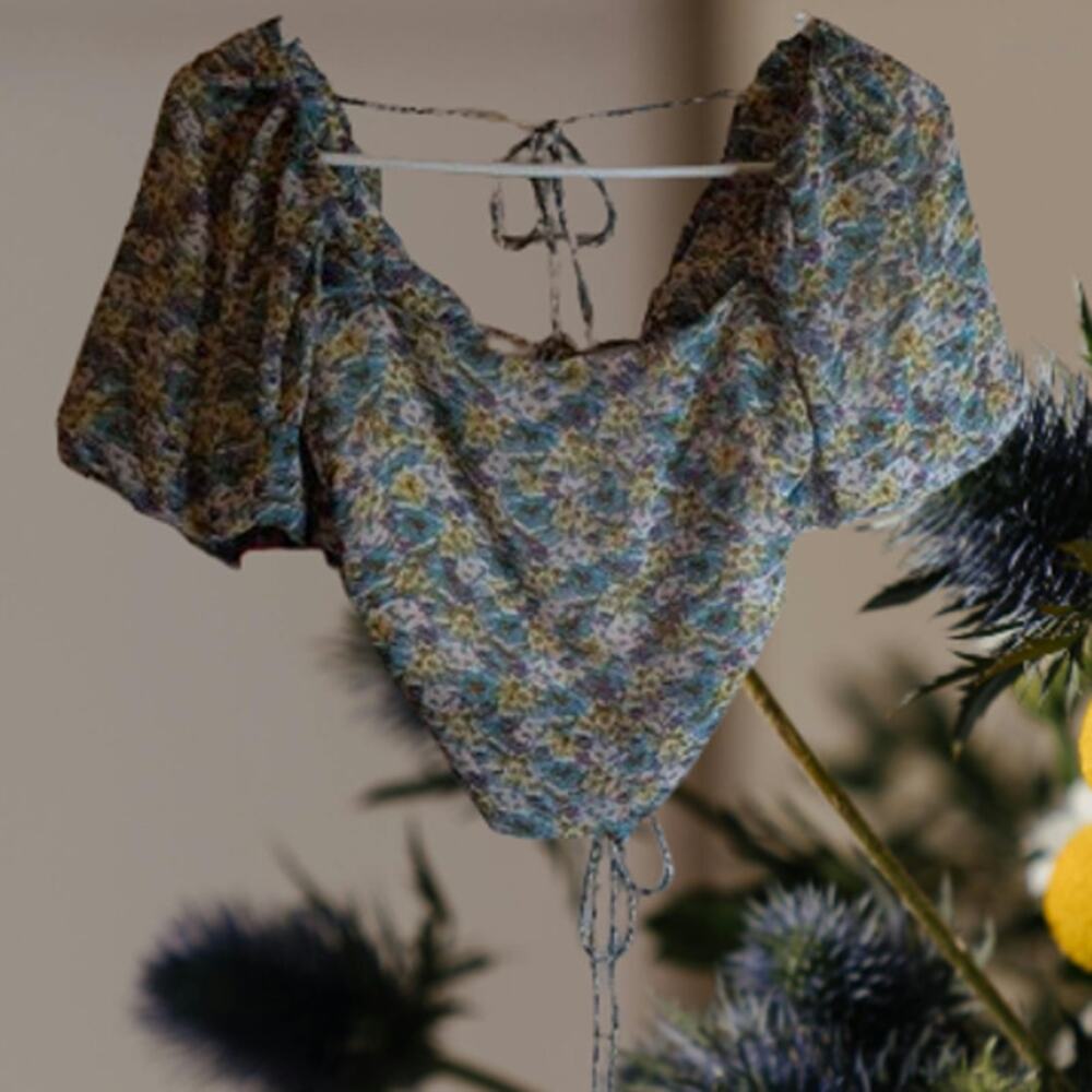 Skylar + Madison small short sleeve open tie back polyester lined crop top